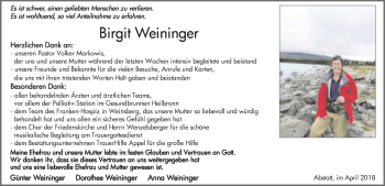 Traueranzeige von Birgit Weininger 