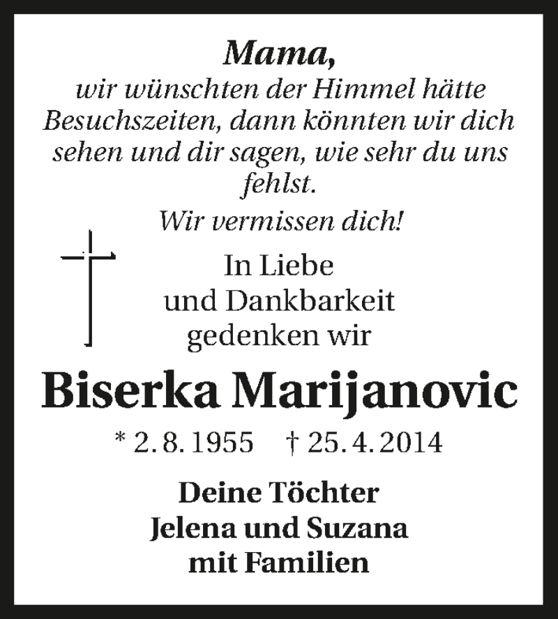  Traueranzeige für Biserka Marijanovic vom 25.04.2018 aus 