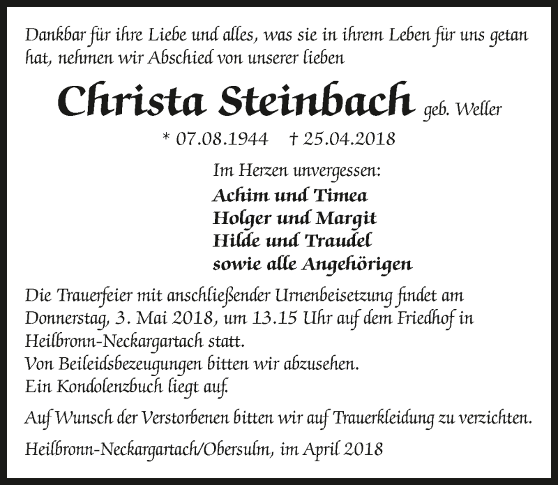  Traueranzeige für Christa Steinbach vom 28.04.2018 aus 