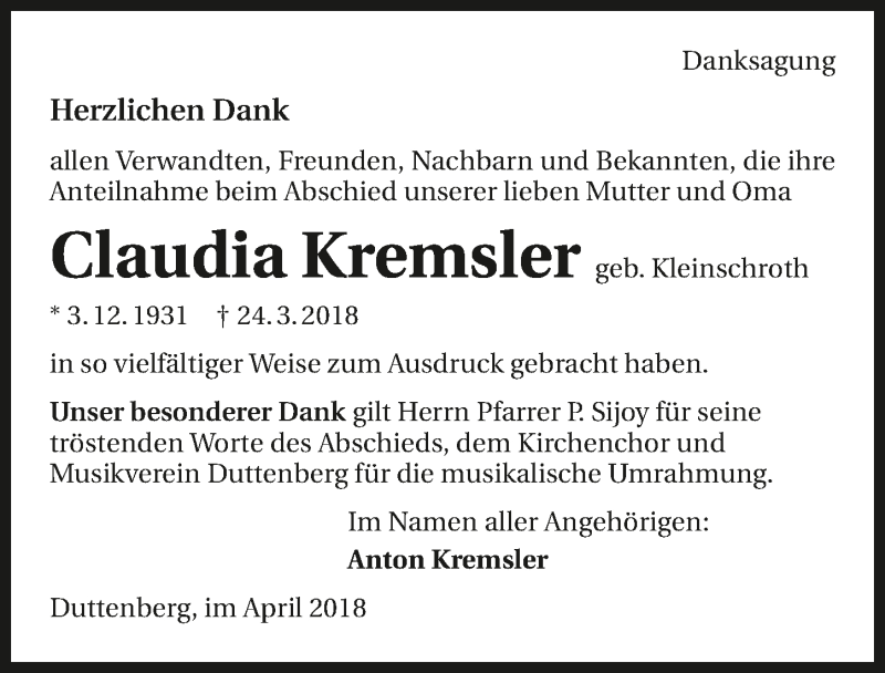  Traueranzeige für Claudia Kremsler vom 14.04.2018 aus 