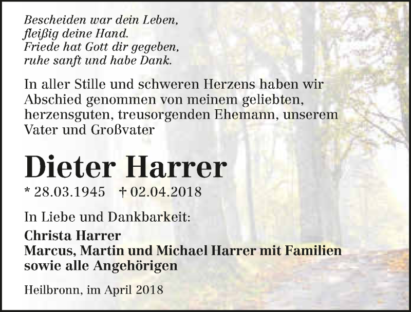  Traueranzeige für Dieter Harrer vom 14.04.2018 aus 
