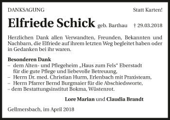 Traueranzeige von Elfriede Schick 