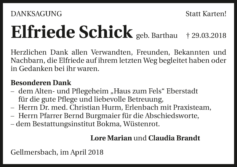  Traueranzeige für Elfriede Schick vom 21.04.2018 aus 