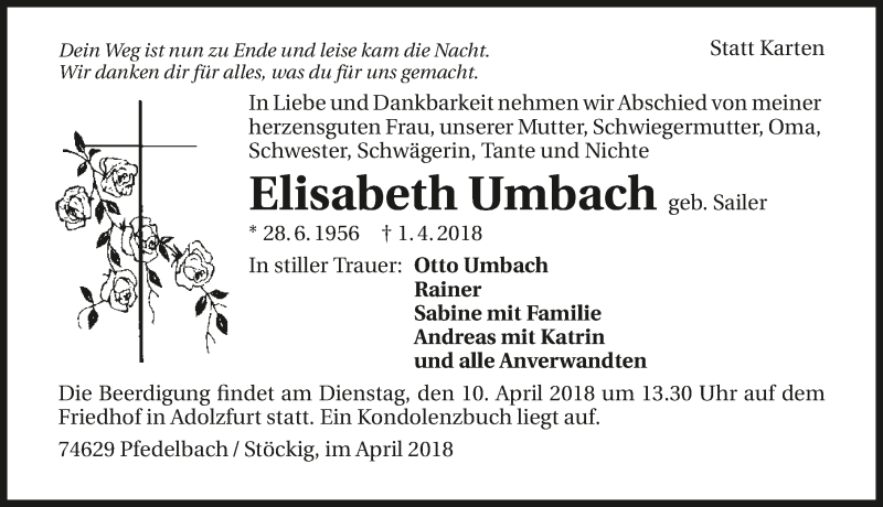  Traueranzeige für Elisabeth Umbach vom 07.04.2018 aus 
