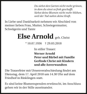 Traueranzeige von Else Arnold 
