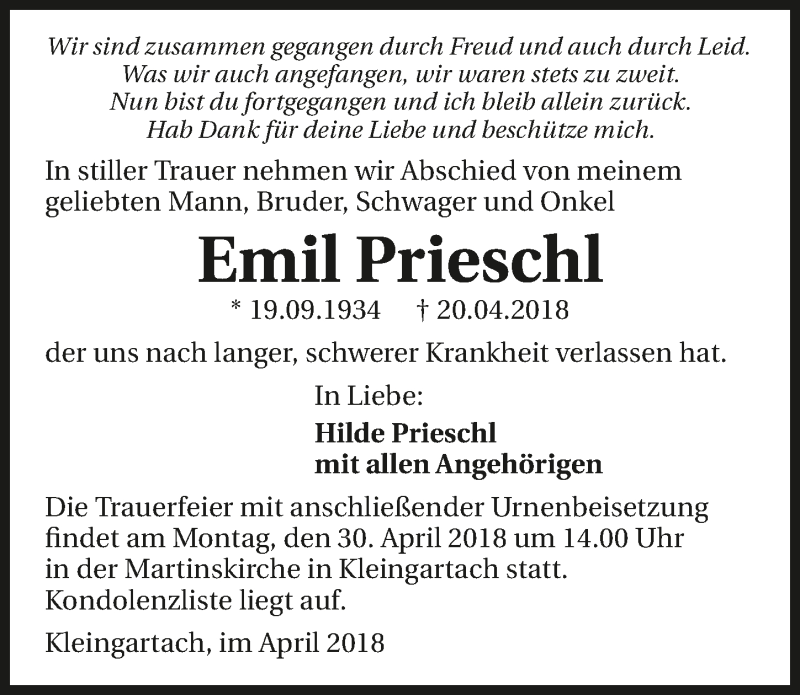  Traueranzeige für Emil Prieschl vom 28.04.2018 aus 