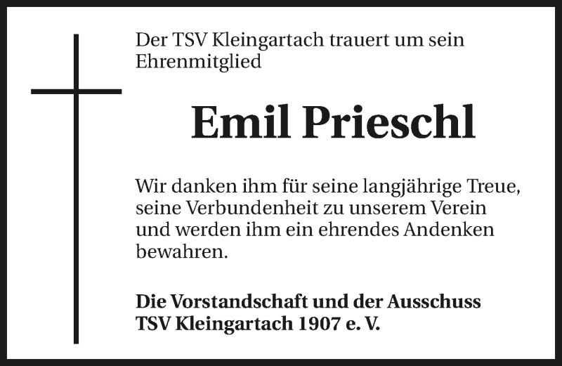  Traueranzeige für Emil Prieschl vom 28.04.2018 aus 