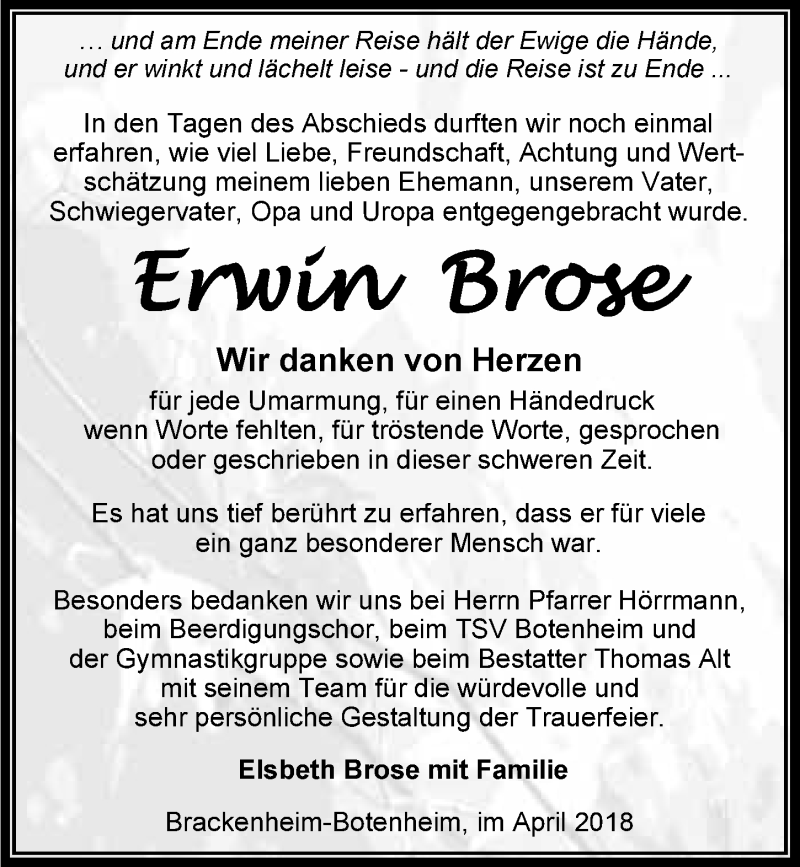  Traueranzeige für Erwin Brose vom 07.04.2018 aus 
