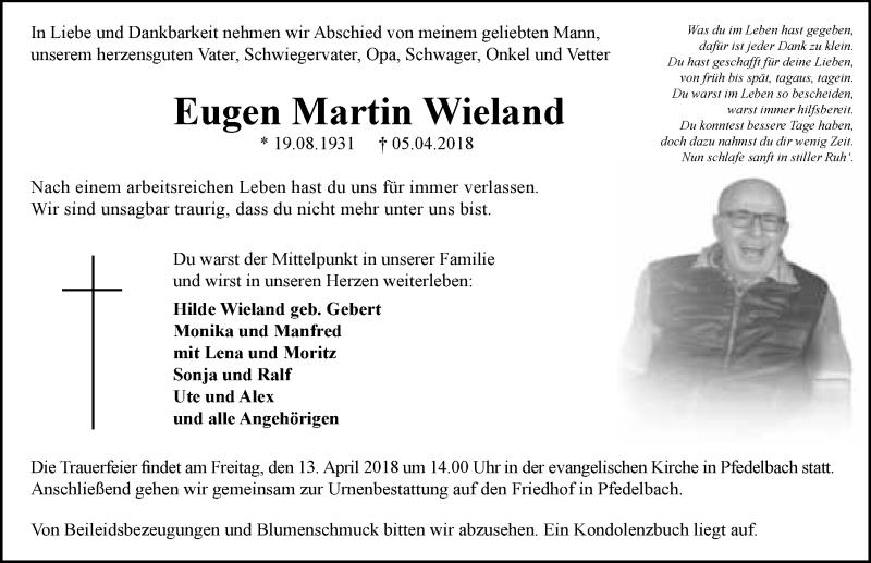  Traueranzeige für Eugen Martin Wieland vom 10.04.2018 aus 