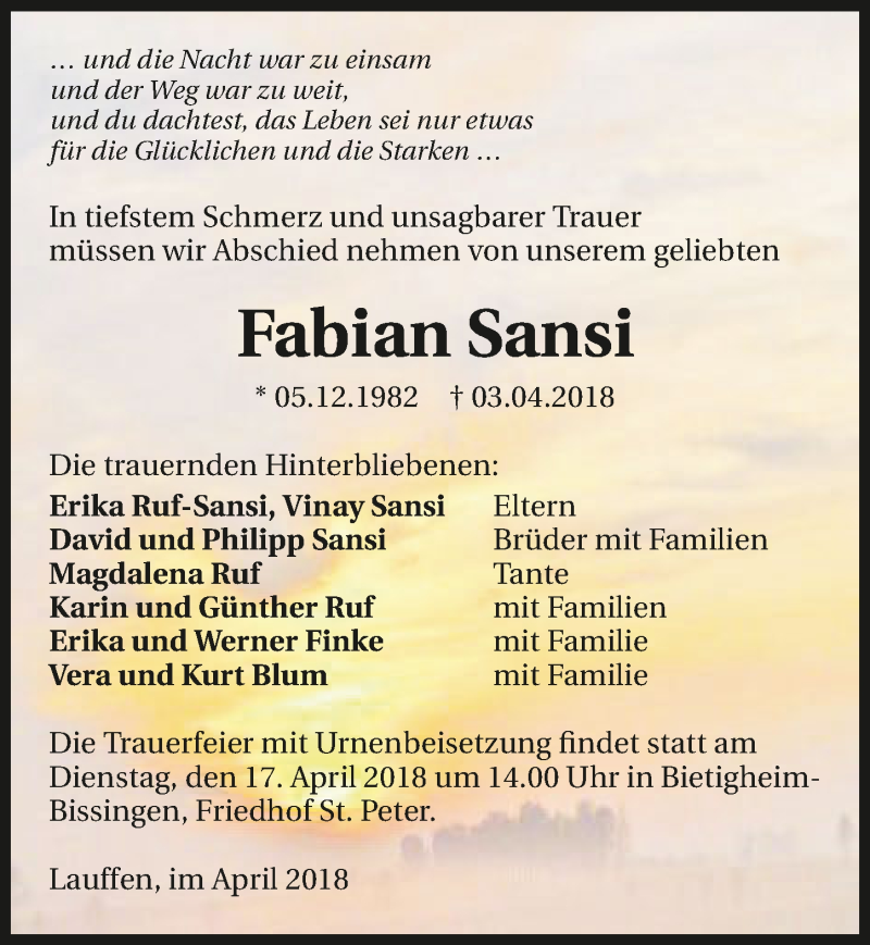  Traueranzeige für Fabian Sansi vom 14.04.2018 aus 