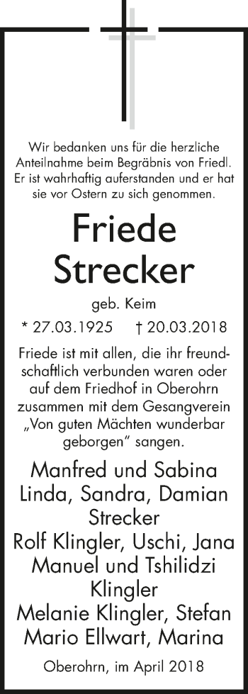 Traueranzeige von Friede Strecker 