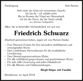 Traueranzeige von Friedrich Schwarz 