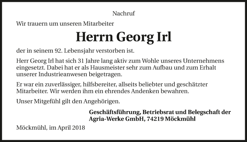  Traueranzeige für Georg Irl vom 12.04.2018 aus 