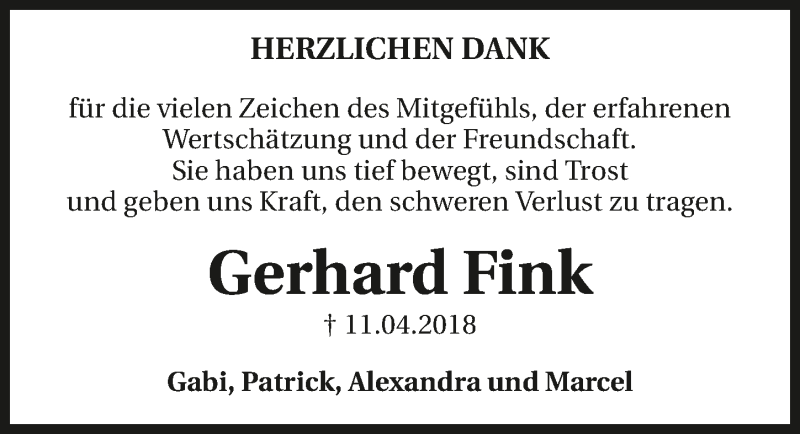  Traueranzeige für Gerhard Fink vom 27.04.2018 aus 