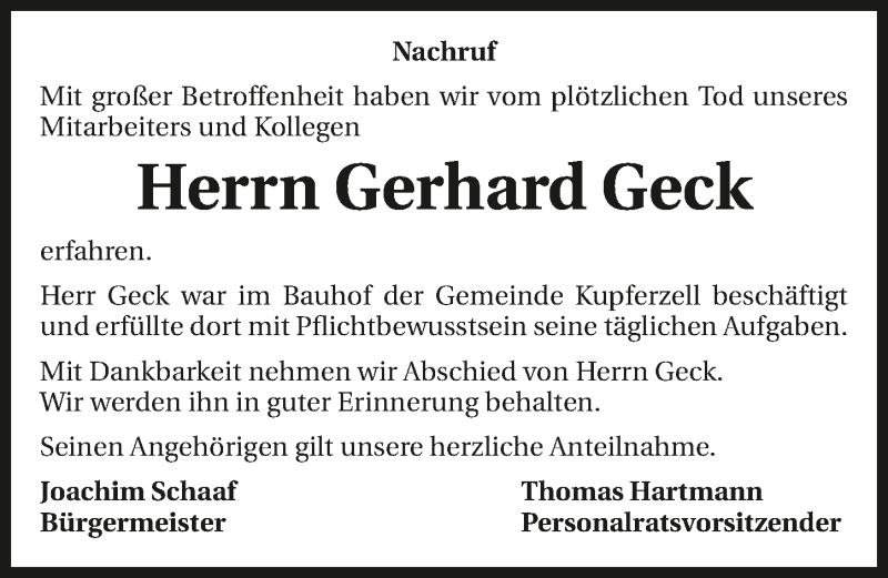  Traueranzeige für Gerhard Geck vom 11.04.2018 aus 