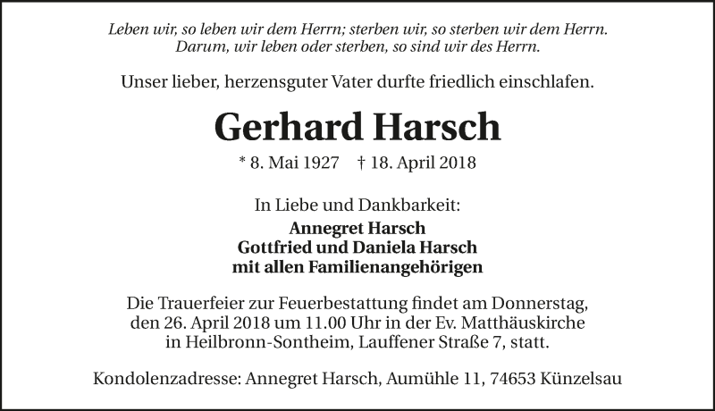  Traueranzeige für Gerhard Harsch vom 21.04.2018 aus 