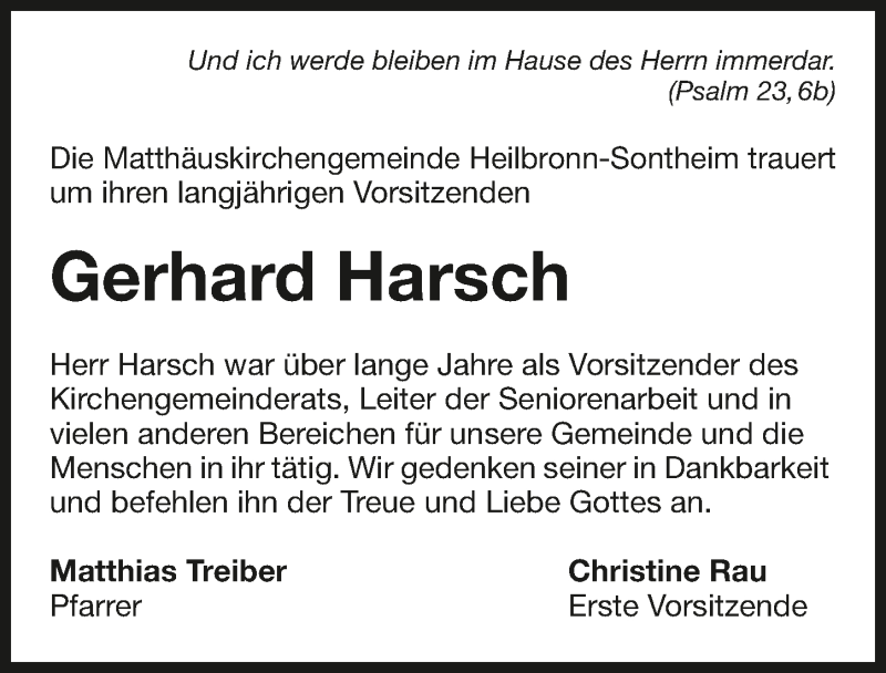  Traueranzeige für Gerhard Harsch vom 21.04.2018 aus 
