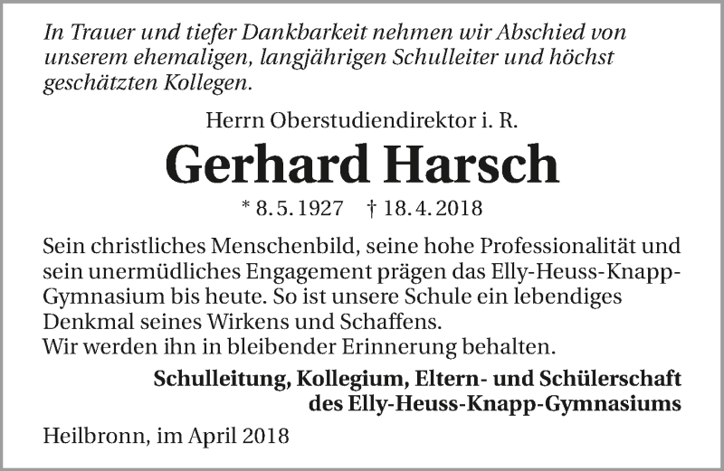  Traueranzeige für Gerhard Harsch vom 21.04.2018 aus 