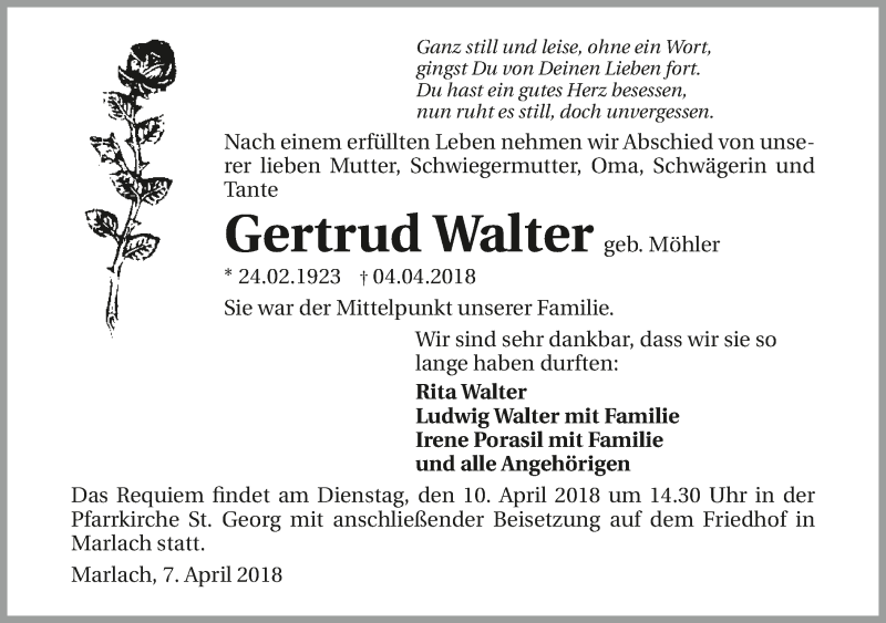  Traueranzeige für Gertrud Walter vom 07.04.2018 aus 