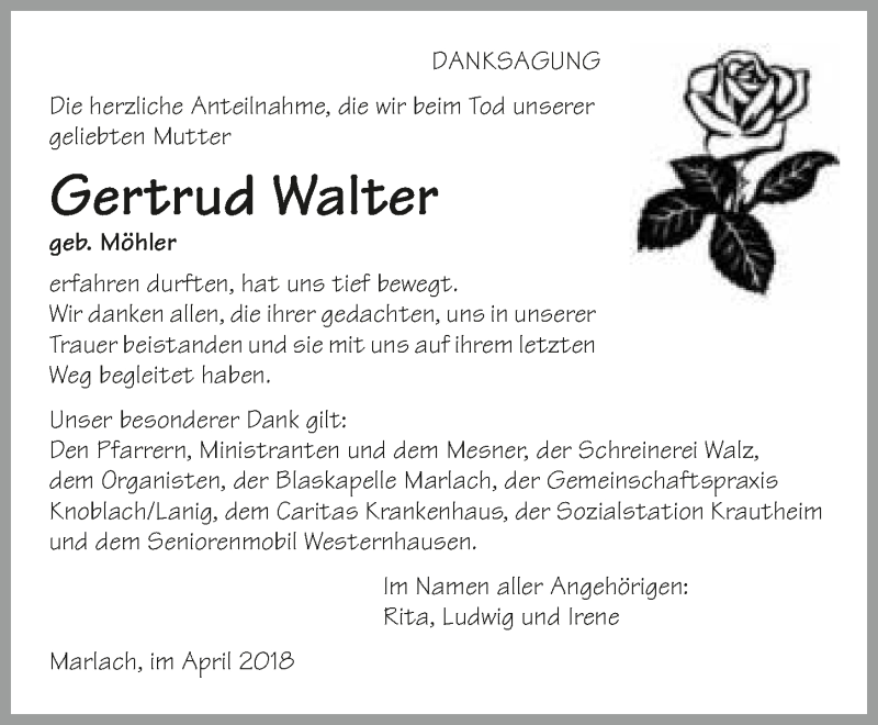  Traueranzeige für Gertrud Walter vom 28.04.2018 aus 