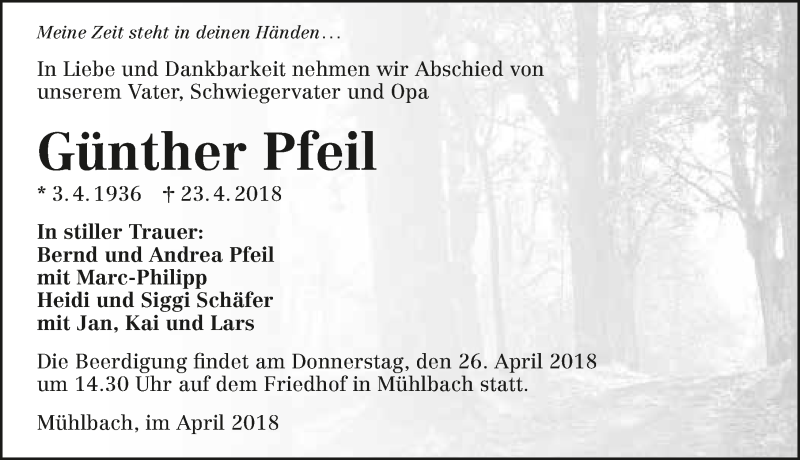  Traueranzeige für Günther Pfeil vom 25.04.2018 aus 