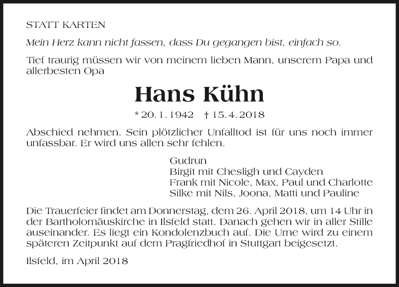  Traueranzeige für Hans Kühn vom 21.04.2018 aus 