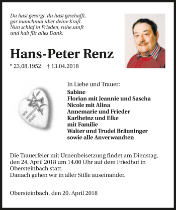 Traueranzeige von Hans-Peter Renz 