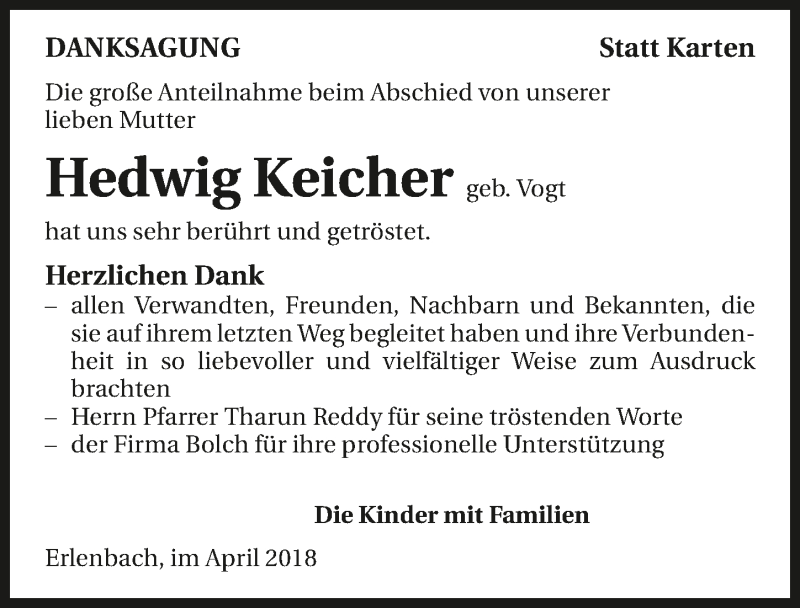  Traueranzeige für Hedwig Keicher vom 07.04.2018 aus 