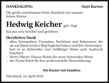 Traueranzeige von Hedwig Keicher 