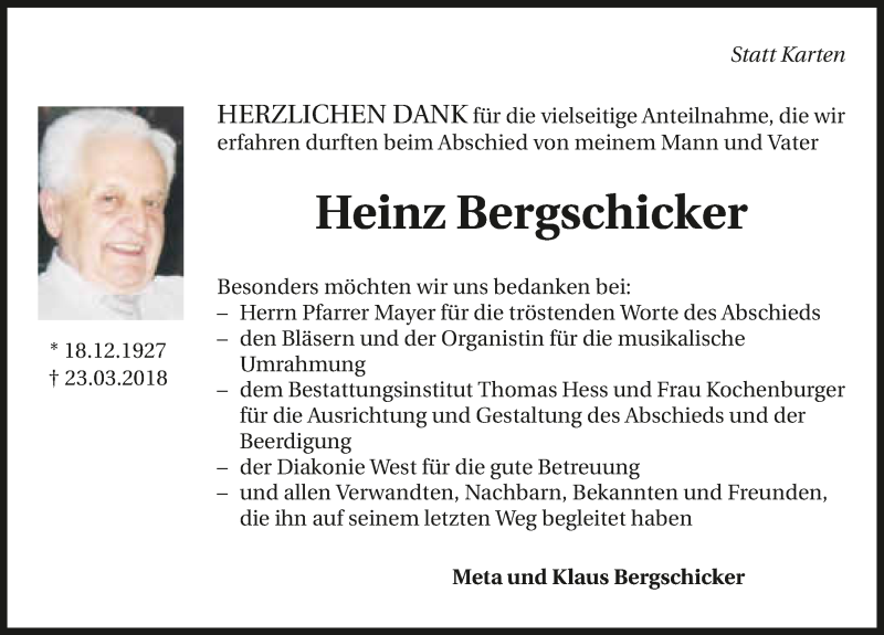  Traueranzeige für Heinz Bergschicker vom 07.04.2018 aus 