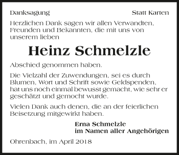 Traueranzeige von Heinz Schmelzle 