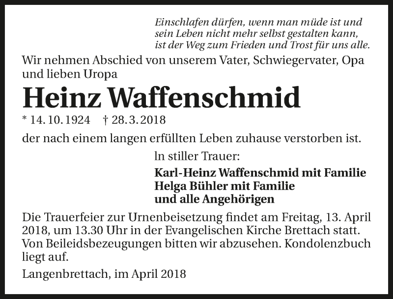  Traueranzeige für Heinz Waffenschmidt vom 07.04.2018 aus 