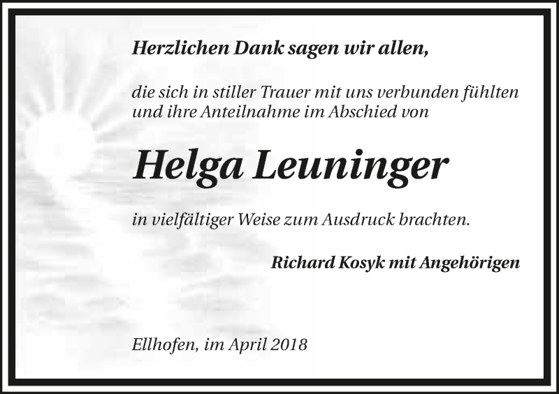  Traueranzeige für Helga Leuninger vom 14.04.2018 aus 