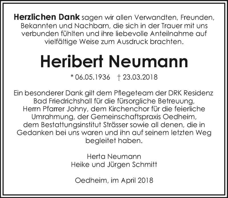  Traueranzeige für Heribert Neumann vom 14.04.2018 aus 