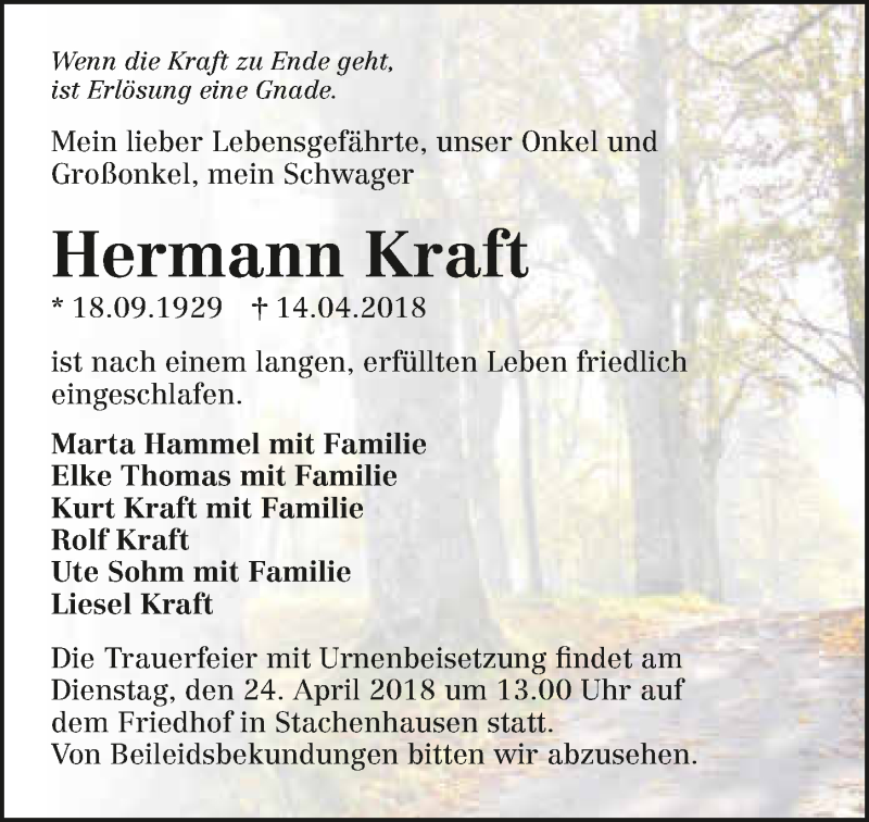  Traueranzeige für Hermann Kraft vom 21.04.2018 aus 