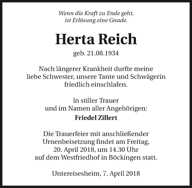  Traueranzeige für Herta Reich vom 14.04.2018 aus 