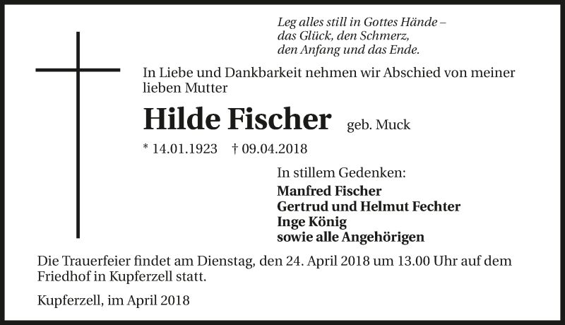  Traueranzeige für Hilde Fischer vom 19.04.2018 aus 