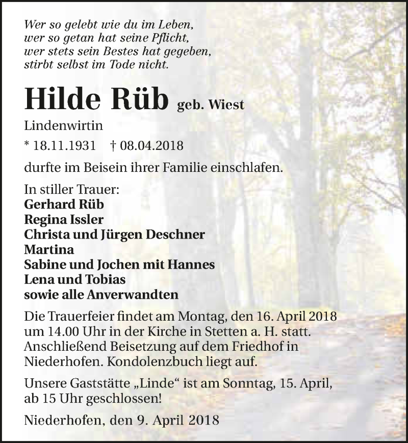  Traueranzeige für Hilde Rüb vom 12.04.2018 aus 