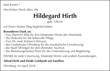 Traueranzeige von Hildegard Hirth 