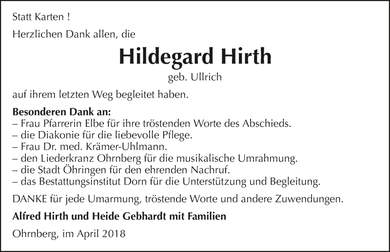  Traueranzeige für Hildegard Hirth vom 28.04.2018 aus 