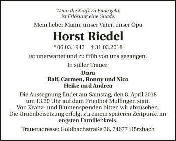 Traueranzeige von Horst Riedel 