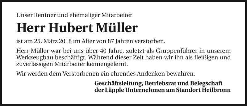  Traueranzeige für Hubert Müller vom 03.04.2018 aus 