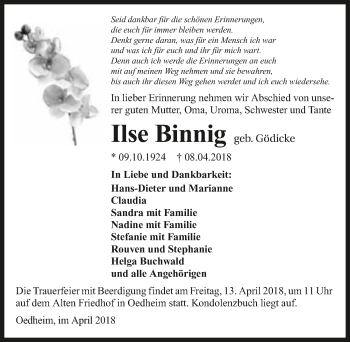 Traueranzeige von Ilse Binnig 