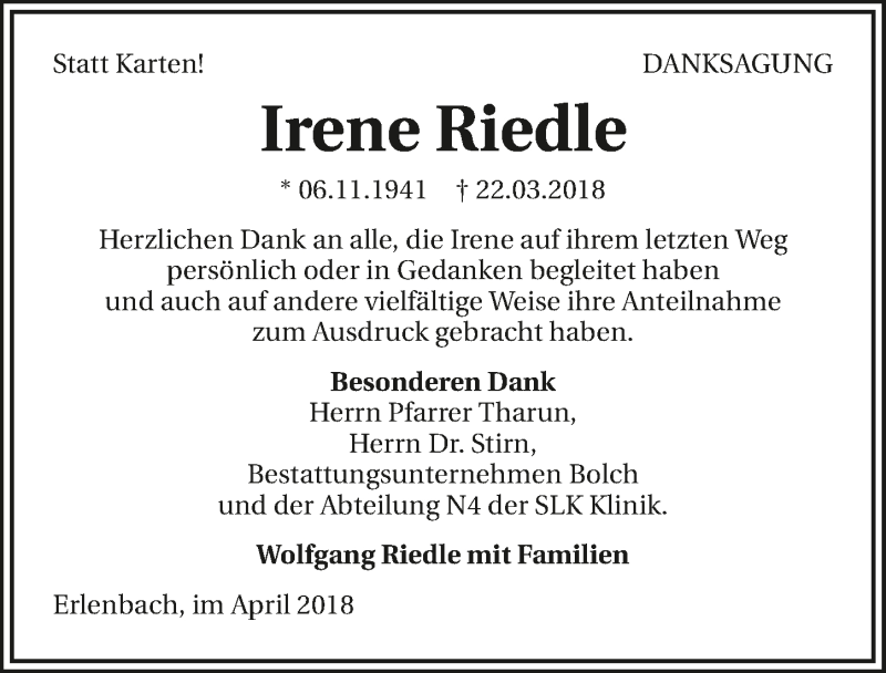  Traueranzeige für Irene Riedle vom 07.04.2018 aus 