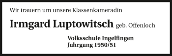Traueranzeige von Irmgard Luptowitsch 