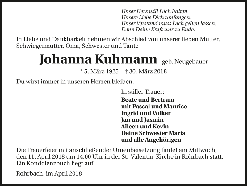  Traueranzeige für Johanna Kuhmann vom 09.04.2018 aus 