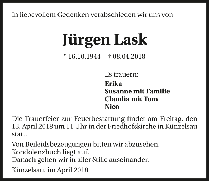  Traueranzeige für Jürgen Lask vom 11.04.2018 aus 