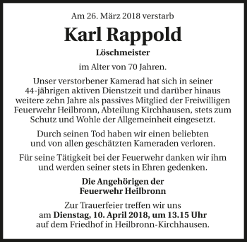 Traueranzeige von Karl Rappold 