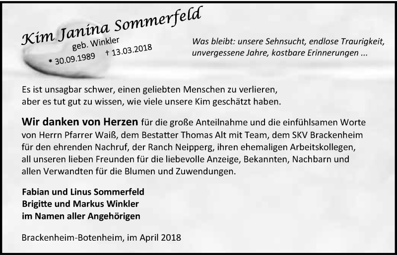  Traueranzeige für Kim Janina Sommerfeld vom 09.04.2018 aus 