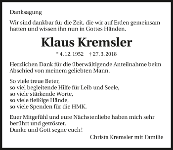 Traueranzeige von Klaus Kremsler